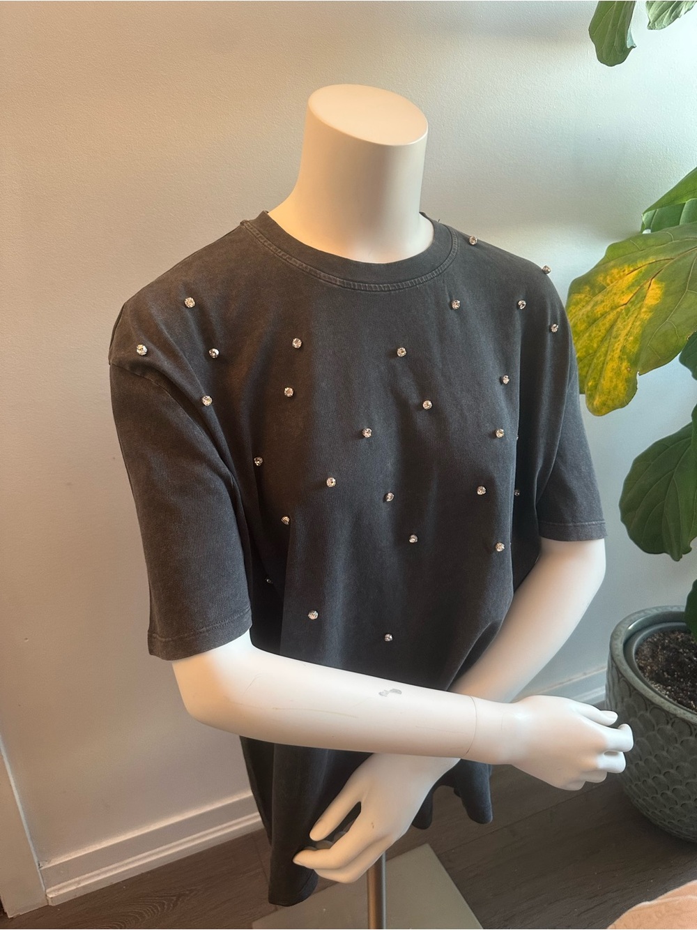 Zara Black Short Sleeve Tee with Scattered Crystal Studs